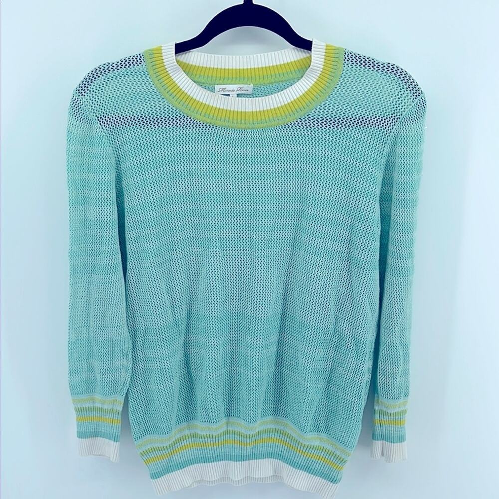 Minnie Rose 100% cotton loose knit netting striped banded crewneck sweater sz L